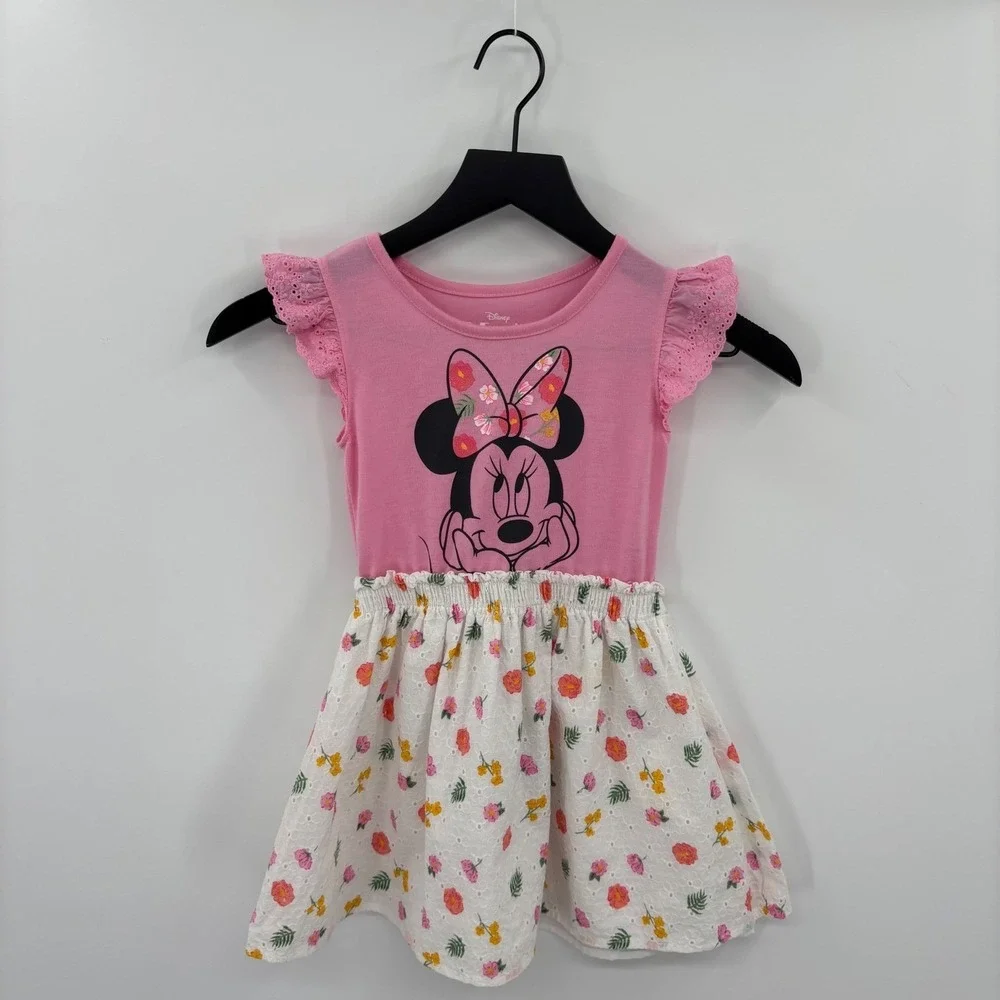 Disney Minnie Mouse Dress Size 4/5 Girls Pink Flutter Sleeve Floral Eyelet Boho